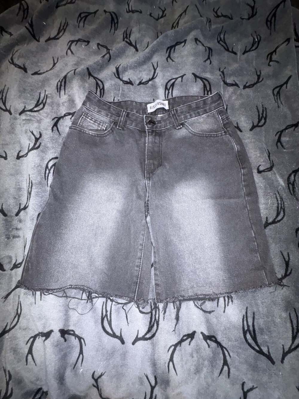 Disclosure Gray Denim Bermuda Shorts with Distressed Raw Hem and 1980 Back Detai
